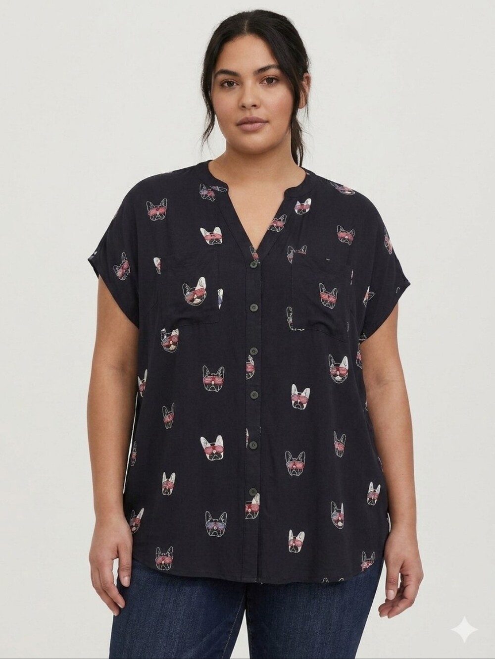 Torrid French Bulldog Patriotic Glasses Button Up Shirt Top Blouse Black Size 1